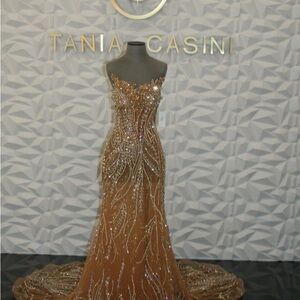 Champagne Couture Beaded Gown | Custom Slit | NWT Condition